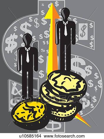 Human figures standing on coins with arrow and dollar symbols View Large Illustration Stock Illustration - Human figures standing on coins with arrow and dollar symbols. Fotosearch