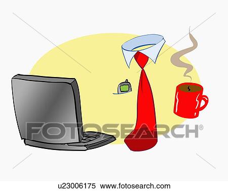 Laptop, cell phone, tie, and coffee View Large Illustration Stock Illustration - Laptop, cell phone, tie, and coffee. Fotosearch