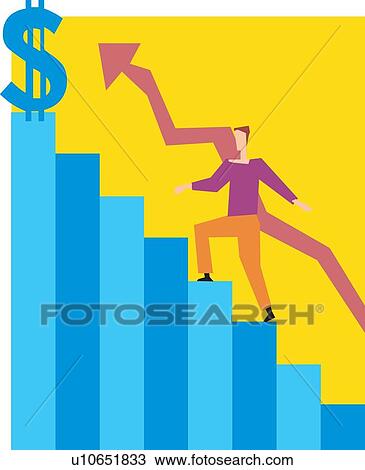 Drawing - Man climbing on graph line stairs. Fotosearch