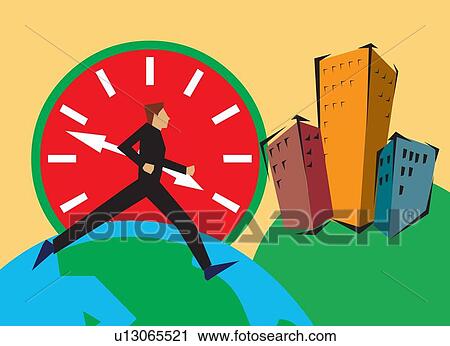 Man running on globe by buildings and clock View Large Illustration Clip Art - Man running on globe by buildings and clock. Fotosearch