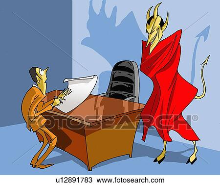 Man signs his soul over to devil View Large Illustration Drawing - Man signs his soul over to devil. Fotosearch