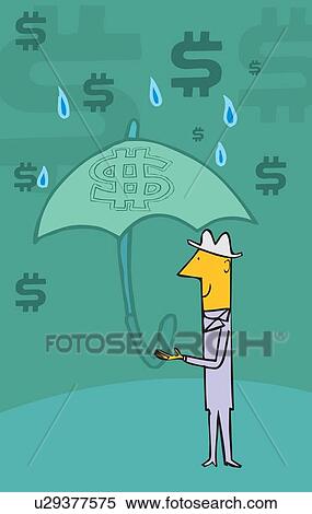 Stock Illustration - Man standing in rain holding umbrella and dollar symbols in the sky. Fotosearch