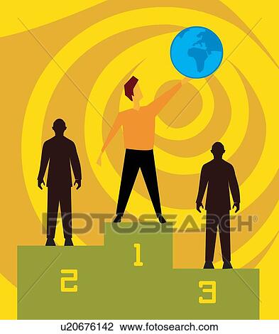 Drawing - Man standing on podium holding globe . Fotosearch