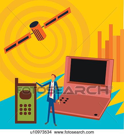 Stock Illustration - Man standing with cellular phone and laptop. Fotosearch