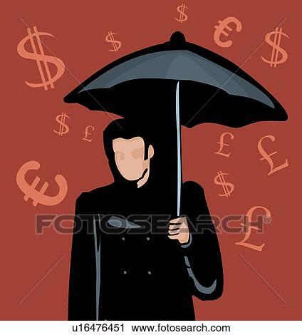 Man standing with umbrella and Currency symbols in background View Large Illustration Clip Art - Man standing with umbrella and Currency symbols in background. Fotosearch