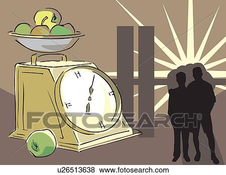 People standing by clock with fruit bowl View Large Illustration Stock Illustration - People standing by clock with fruit bowl. Fotosearch