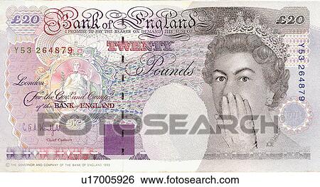 Stock Illustration - Queen Elizabeth with hand over mouth on bank note. Fotosearch