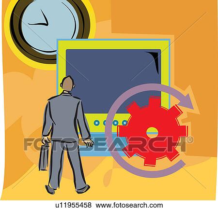 Stock Illustration - Rear view of a man by a big computer screen and clock . Fotosearch