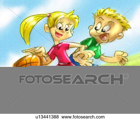 Stock Illustration - boy and girl playing basketball. Fotosearch