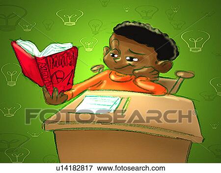 Stock Illustration - boy doing homework and reading. Fotosearch