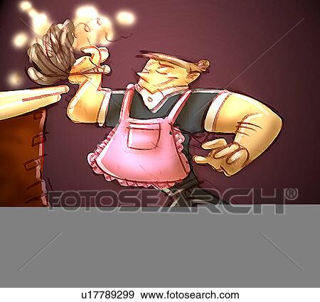 Stock Illustration - man in apron dusting. Fotosearch