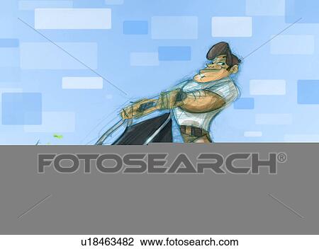 Drawing - man mowing lawn. Fotosearch