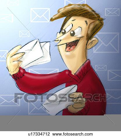 Drawing - man opening mail. Fotosearch