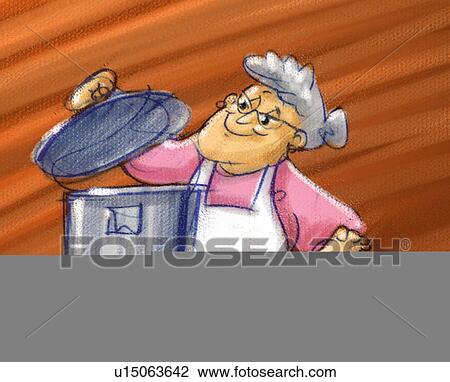 Drawing - old woman cooking. Fotosearch