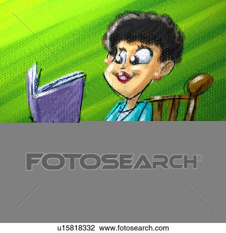 Drawing - woman reading at table. Fotosearch