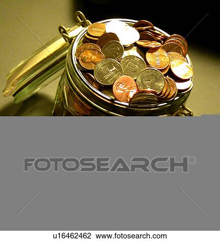 Drawing - closeup of coins in and around jar. Fotosearch