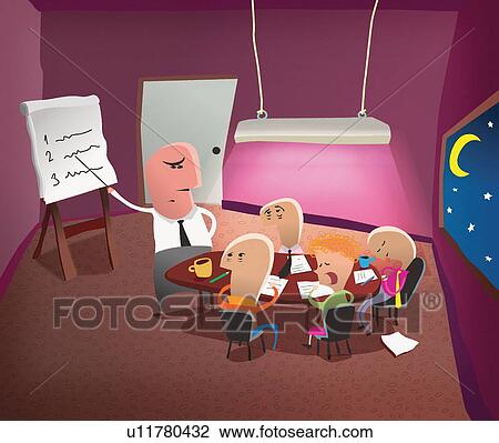 Drawing - Boss conducting late business meeting while people falling asleep.. Fotosearch