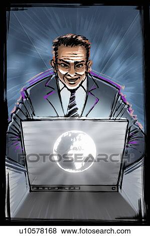 Business man on laptop emanating power View Large Illustration Stock Illustration - Business man on laptop emanating power. Fotosearch