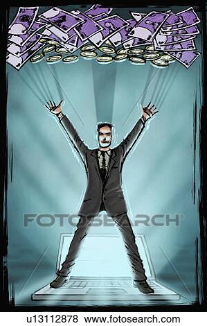 Stock Illustration - Business man on laptop with money. Fotosearch
