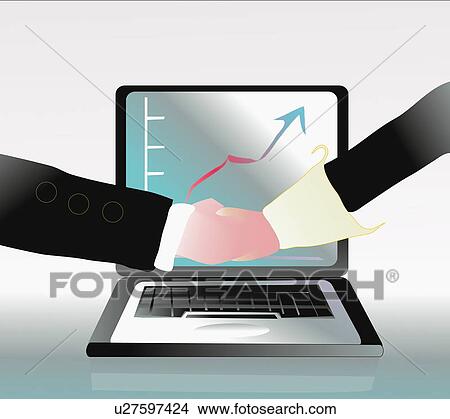 Stock Illustration - Business partners shake hands in front of laptop computer. Fotosearch