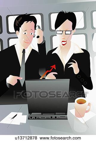 Businessman and businesswoman looking at a computer View Large Illustration Stock Illustration - Businessman and businesswoman looking at a computer. Fotosearch