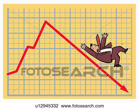 Drawing - Businessman falling down a red arrow on a chart. Fotosearch