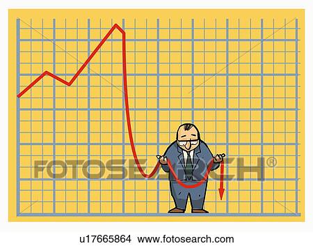 Stock Illustration - Businessman holding stock arrow in recession. Fotosearch