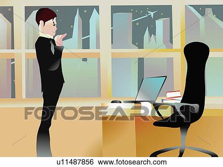 Stock Illustration - Businessman in an office looking at a laptop. Fotosearch
