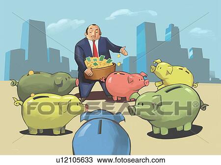 Drawing - Businessman putting coins in colorful piggy banks. Fotosearch