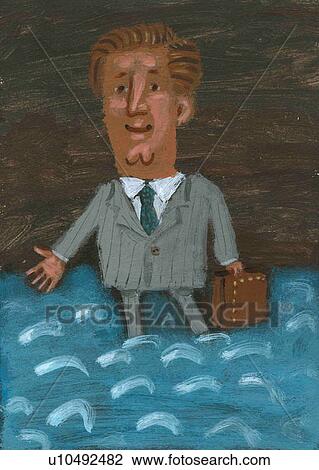 Businessman standing in water holding a briefcase View Large Illustration Drawing - Businessman standing in water holding a briefcase. Fotosearch