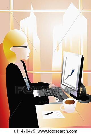 Businesswoman at office desk View Large Illustration Stock Illustration - Businesswoman at office desk. Fotosearch