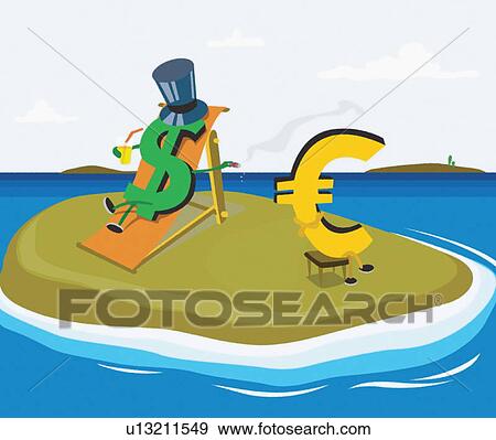 Stock Illustration - Dollar and Euro symbols on island. Fotosearch