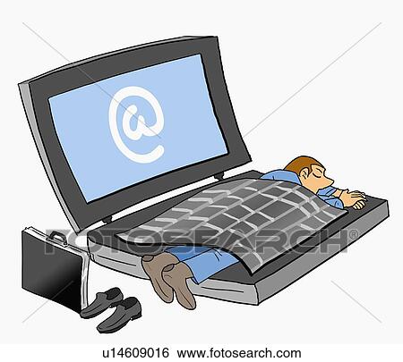 Stock Illustration - Employee asleep on computer. Fotosearch