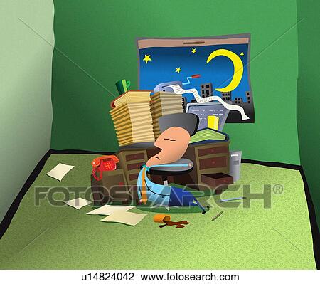 Drawing - Euro man asleep at desk. Fotosearch