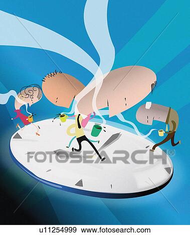 Stock Illustration - Group of tired people on clock with coffee. Fotosearch