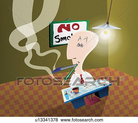 Man at his desk smoking a pen and pencil View Large Illustration Stock Illustration - Man at his desk smoking a pen and pencil. Fotosearch