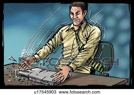 Drawing - Man breaking laptop. Fotosearch