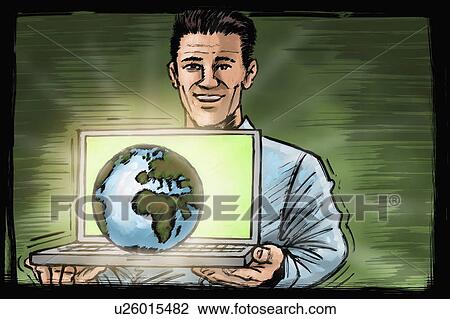 Man holding laptop with the globe View Large Illustration Drawing - Man holding laptop with the globe. Fotosearch