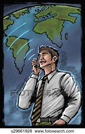 Stock Illustration - Man on cell phone with globe background. Fotosearch
