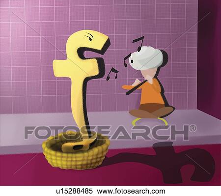 Stock Illustration - Man playing flute to a British pound sign in the shape of a snake. Fotosearch