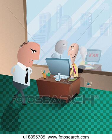 Man playing on computer while boss looks on View Large Illustration Stock Illustration - Man playing on computer while boss looks on. Fotosearch