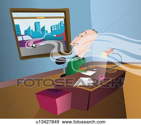 Man sitting at desk smells cigarette through the window View Large Illustration Stock Illustration - Man sitting at desk smells cigarette through the window. Fotosearch