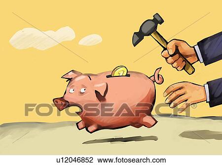 Man with hammer chasing a piggy bank View Large Illustration Drawing - Man with hammer chasing a piggy bank. Fotosearch
