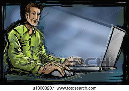 Man working at laptop View Large Illustration Stock Illustration - Man working at laptop. Fotosearch