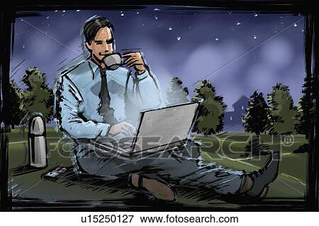 Stock Illustration - Man working on laptop in the park. Fotosearch