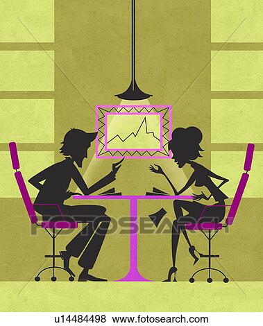Stock Illustration - silhouette of Young couple at table on conference call. Fotosearch