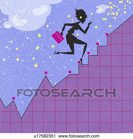 Clip Art - Silhouette of young woman climbing up stock market chart. Fotosearch