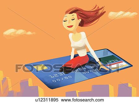 Stock Illustration - Woman flying on a credit card. Fotosearch