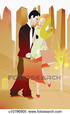 Young couple smiling with shopping bags View Large Illustration Stock Illustration - Young couple smiling with shopping bags. Fotosearch