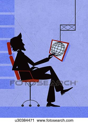 Young man sitting looking at globe on computer screen View Large Illustration Clip Art - Young man sitting looking at globe on computer screen. Fotosearch